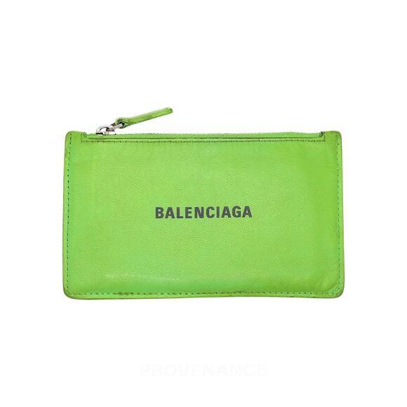 🔴 Balenciaga Logo Fragment Zip Card Wallet - Green Leather - Picture 1 of 7